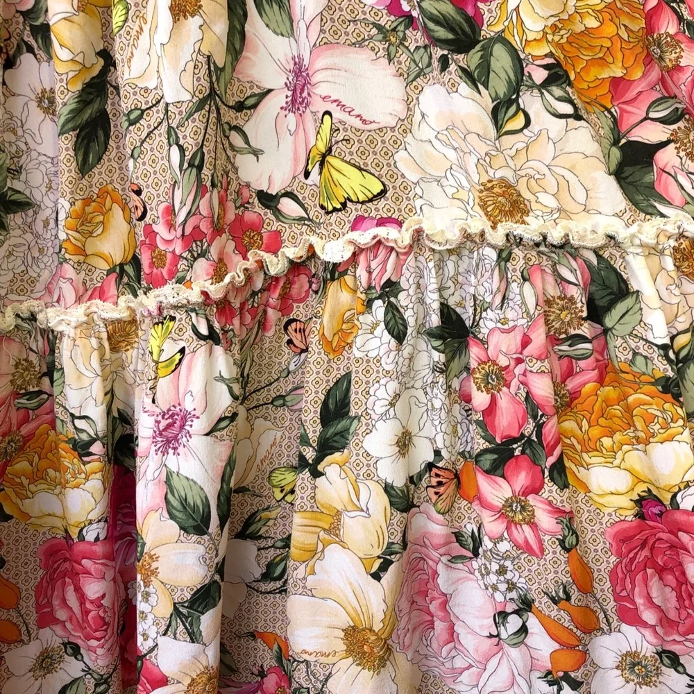 Emamo Vintage Silk Tan Pink Floral Ruffle Lace Shabby Chic Babydoll Dress S - Picture 8 of 9